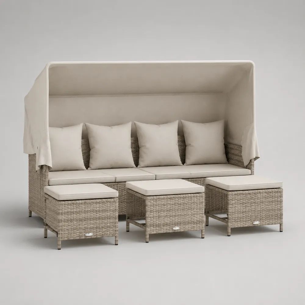 4-teiliges Gartenmöbel-Set aus PE-Rattan und Stahl mit Sonnendach, Gartenbank und 3 Hockern, Beige/Cremeweiß, 195 × 75 × 175 cm