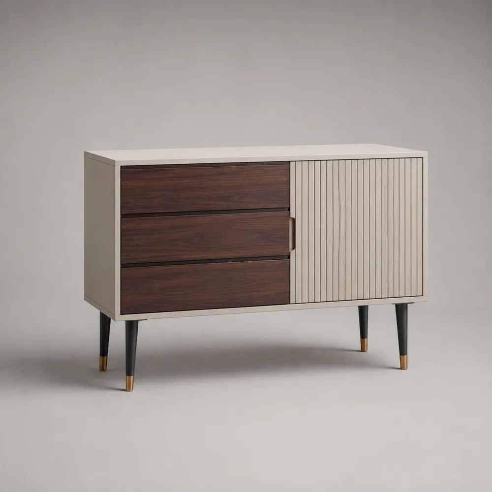 Sideboard aus MDF und Spanplatte mit 3 Schubladen, gerillter Tür und Metallbeinen, Cremeweiß/Dunkelbraun, 120 × 40 × 80 cm
