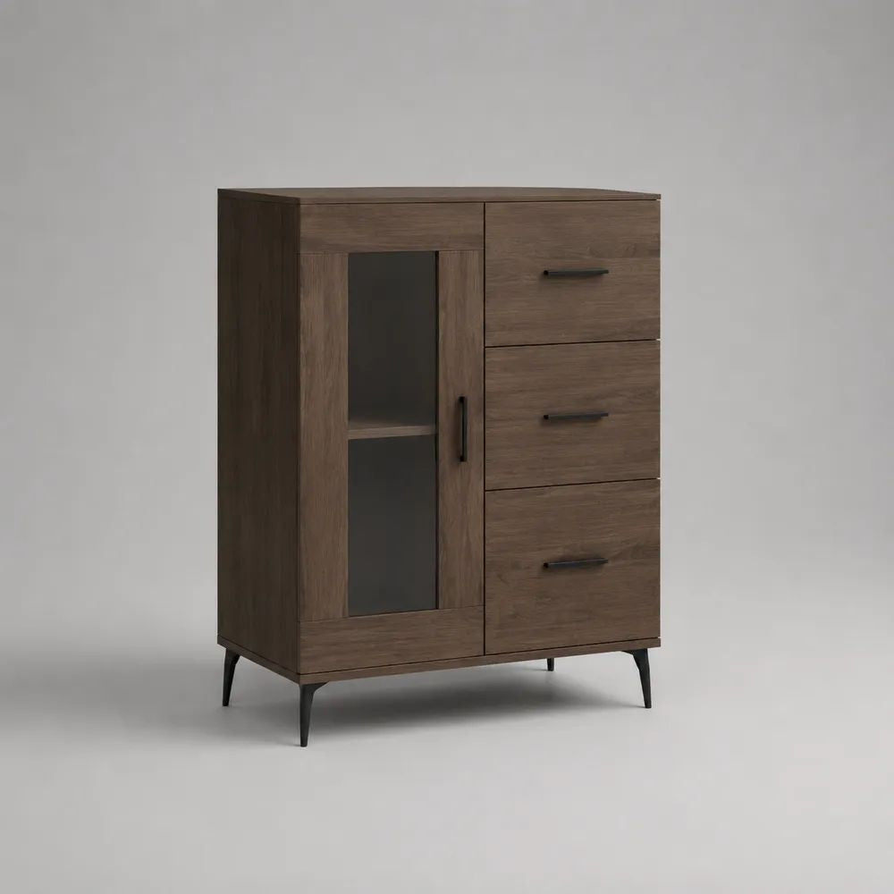 Highboard mit Glastür und 3 Schubladen aus Spanplatte und Stahl, Walnussbraun/Schwarz/Rauchgrau, 90 × 120 × 40 cm (B × H × T)