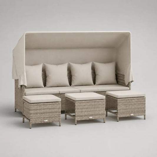 4-teiliges Gartenmöbel-Set aus PE-Rattan und Stahl mit Sonnendach, Gartenbank und 3 Hockern, Beige/Cremeweiß, 195 × 75 × 175 cm