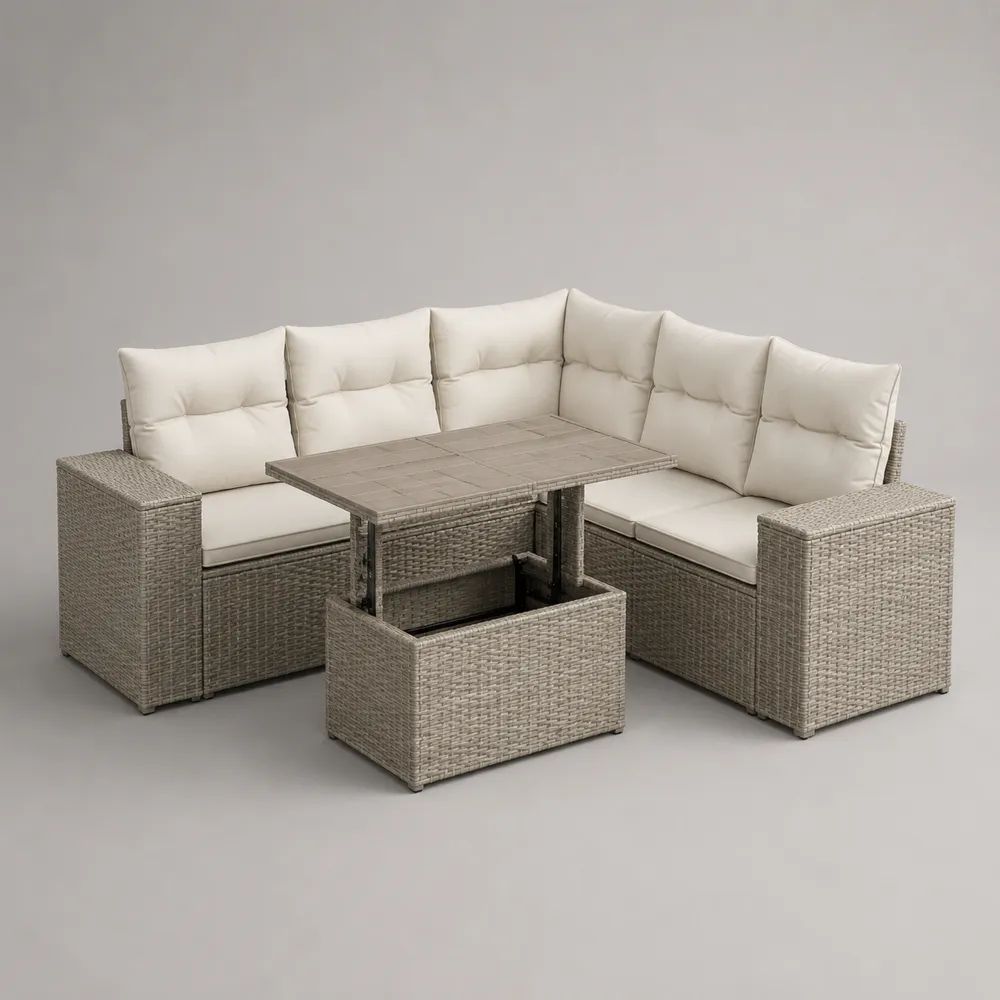 L-förmiges Gartenlounge-Set für 6 Personen aus PE-Rattan mit Kissen und höhenverstellbarem Tisch, Taupe/Cremeweiß, 228 x 228 x 72 cm