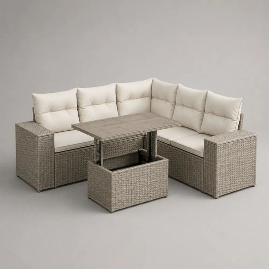 L-förmiges Gartenlounge-Set für 6 Personen aus PE-Rattan mit Kissen und höhenverstellbarem Tisch, Taupe/Cremeweiß, 228 x 228 x 72 cm