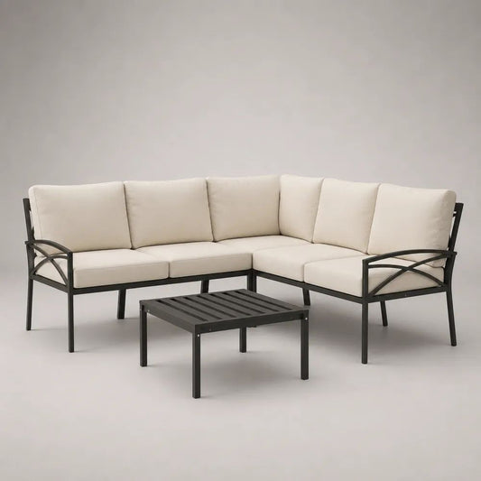 3-teiliges Gartenlounge-Set mit 5-Sitzer-Ecksofa aus Stahl, Polyesterkissen und Couchtisch, Beige/Schwarz, 190 × 190 × 78 cm