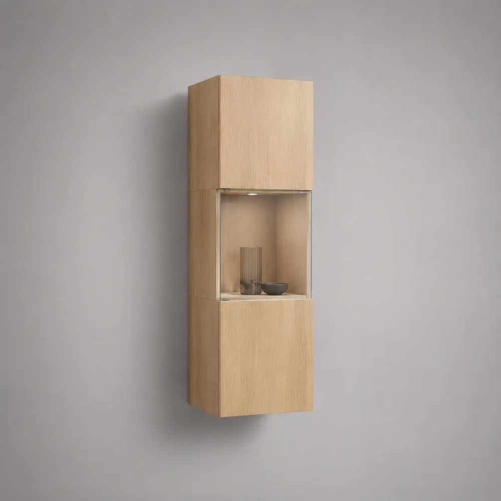 Hängevitrine mit LED-Beleuchtung aus MDF mit Eichenfurnier, Naturbeige/Silber, 40 × 30 × 120 cm