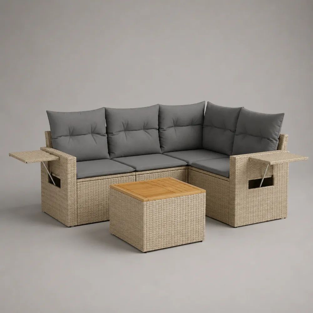 3-teiliges Garten-Lounge-Set aus PE-Rattan, Stahl und Akazienholz, Beige/Grau/Naturbraun, Ecksofa 191 x 191 x 85 cm, Tisch 65 x 65 x 40 cm