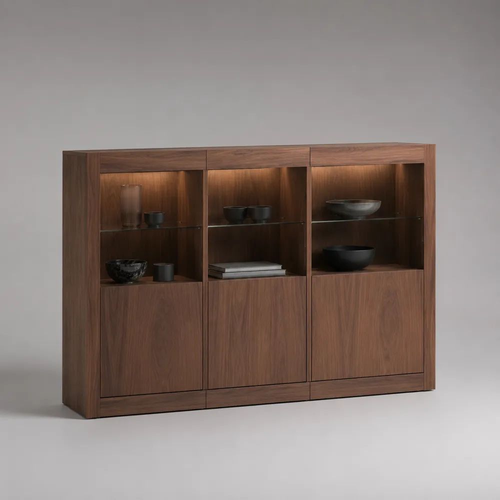 Buffetschrank mit Vitrine und LED-Beleuchtung, Walnussfurnier, Braun, 180 × 42 × 130 cm