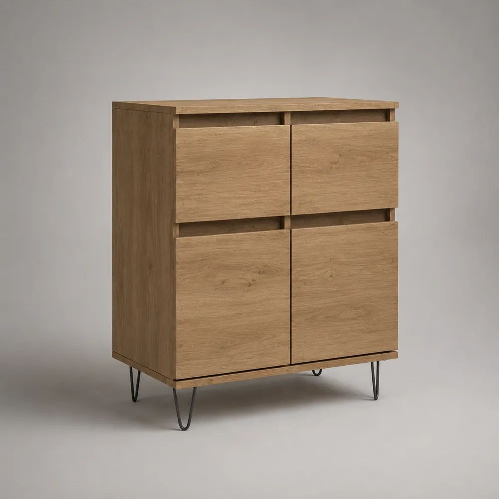 Highboard aus Spanplatte mit 4 Türen und Stahlbeinen, Eiche natur/Schwarz, 90 × 40 × 120 cm