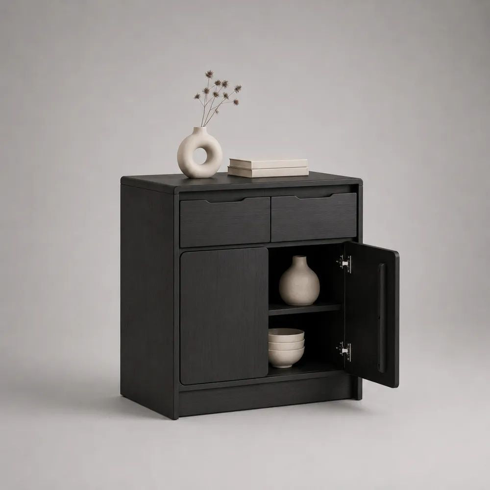 Sideboard mit 2 Schubladen und 2 Türen aus melaminbeschichteter Spanplatte, Schwarz, 80 × 40 × 85 cm