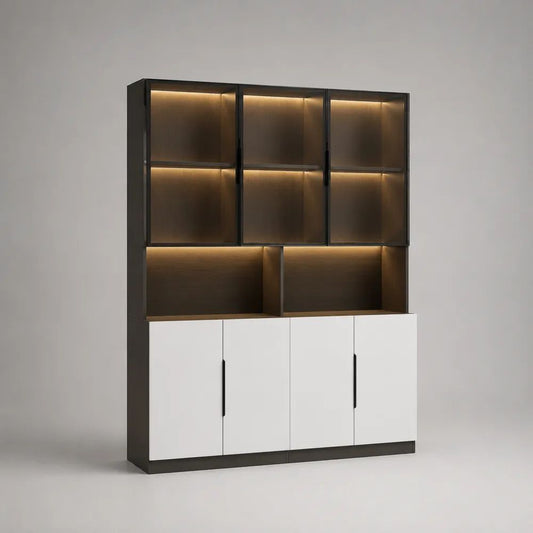 Rechteckiger Vitrinenschrank aus MDF, Metall und Glas mit LED-Beleuchtung, Anthrazit/Weiß/Schwarz, 160 × 40 × 200 cm