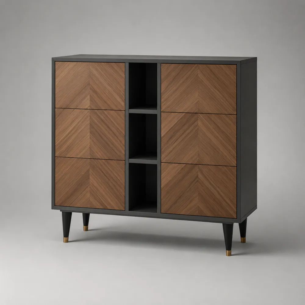 Highboard Sideboard aus MDF mit Walnussfurnier, 6 geschlossene und 3 offene Fächer, Walnussbraun/Schwarz, 120 x 40 x 120 cm