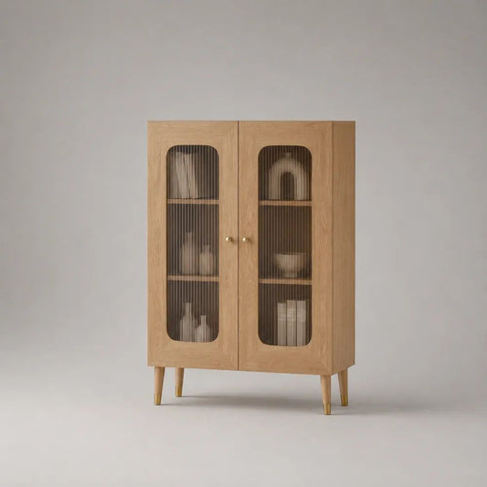 Vitrinenschrank mit 2 Türen aus MDF mit Eichenfurnier und Riffelglas, Natur/Rauchgrau/Messingfarben, 100 × 40 × 150 cm
