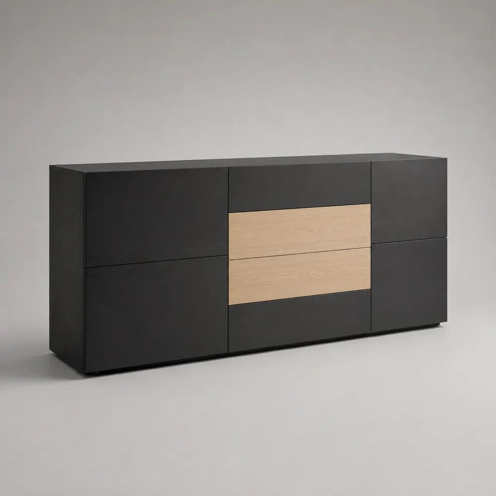 Sideboard aus Holz mit 6 Türen und 2 Schubladen, Schwarz/Eiche Natur, 180 × 40 × 80 cm