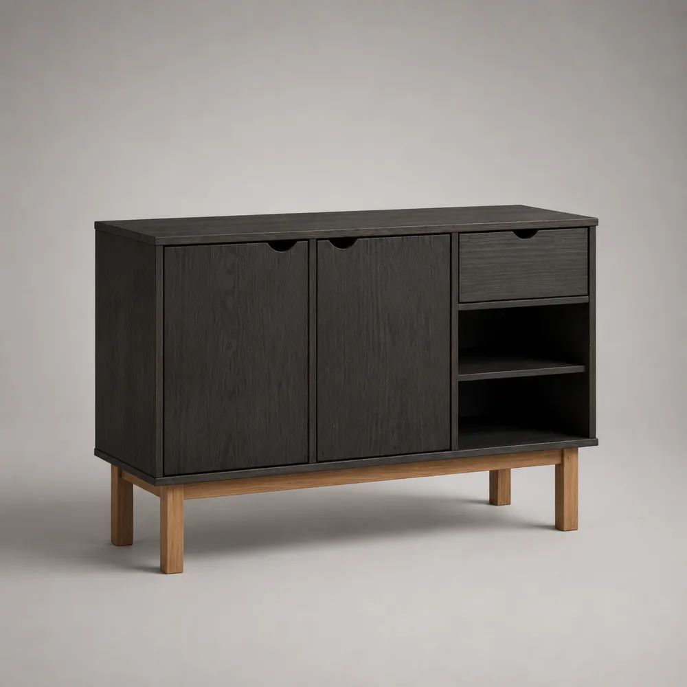 Sideboard aus MDF mit Eichenfurnier, 2 Türen, 1 Schublade und 2 offenen Fächern, Schwarz/Natur, 120 × 40 × 90 cm