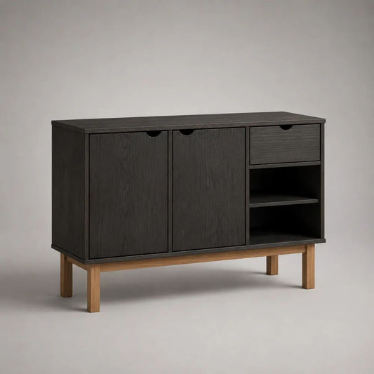 Sideboard aus MDF mit Eichenfurnier, 2 Türen, 1 Schublade und 2 offenen Fächern, Schwarz/Natur, 120 × 40 × 90 cm