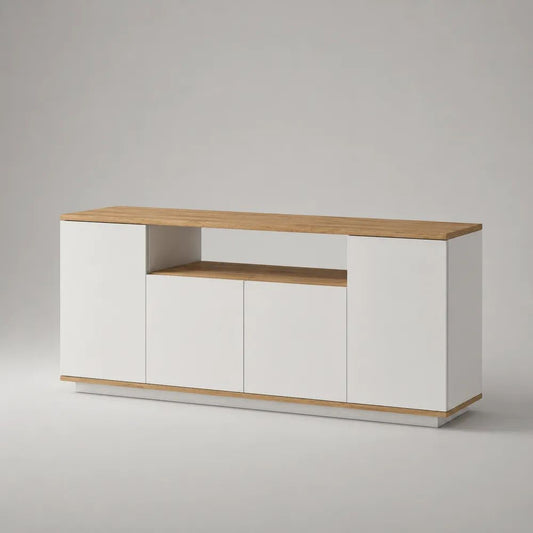 Sideboard mit 4 Türen und offenem Fach aus melaminharzbeschichteter Spanplatte, Weiß/Eichefarben, 180 × 40 × 80 cm