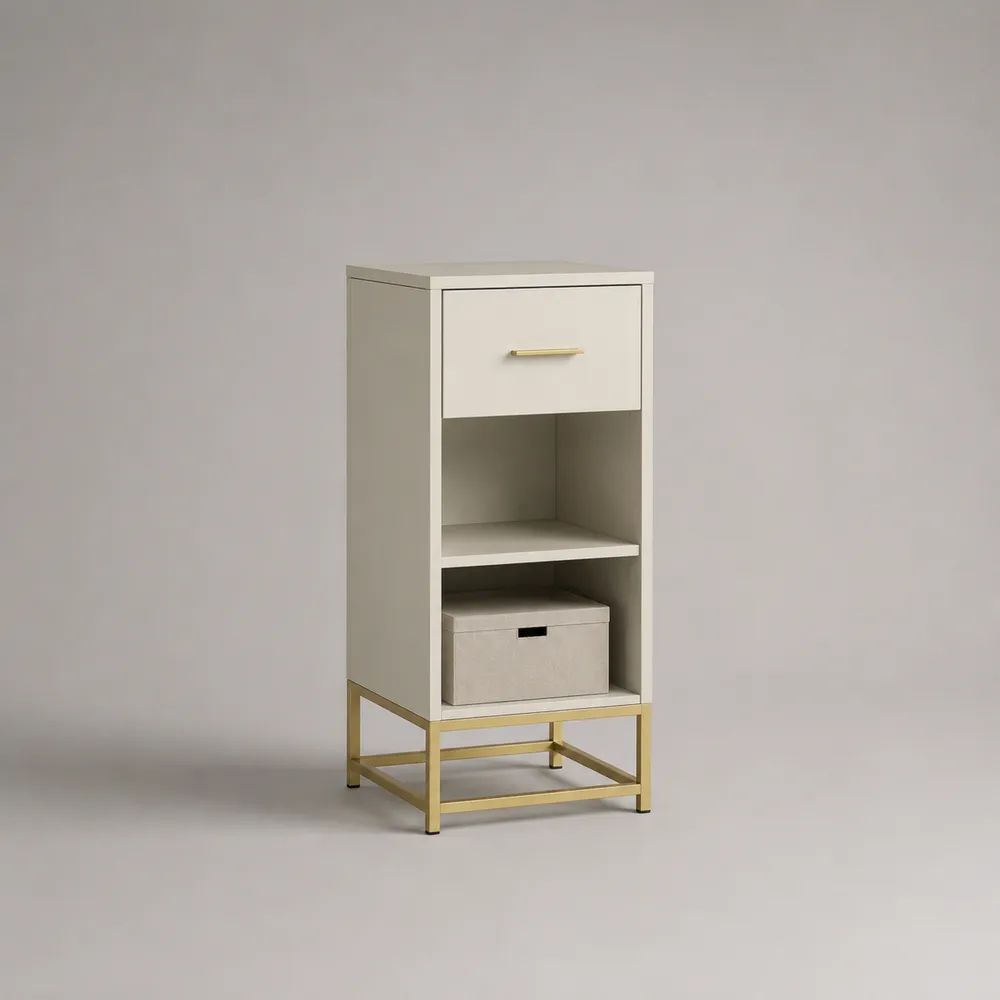 Schmaler Buffetschrank aus MDF und Stahl mit Schublade und 2 offenen Fächern, Cremeweiß/Gold, 50 × 40 × 125 cm