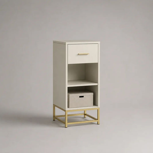 Schmaler Buffetschrank aus MDF und Stahl mit Schublade und 2 offenen Fächern, Cremeweiß/Gold, 50 × 40 × 125 cm