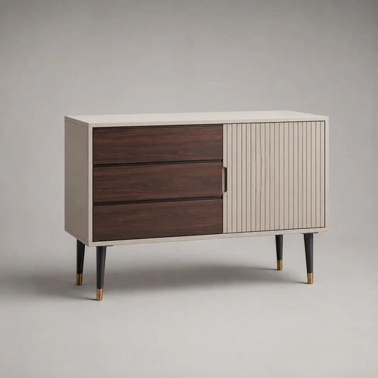 Sideboard aus MDF und Spanplatte mit 3 Schubladen, gerillter Tür und Metallbeinen, Cremeweiß/Dunkelbraun, 120 × 40 × 80 cm