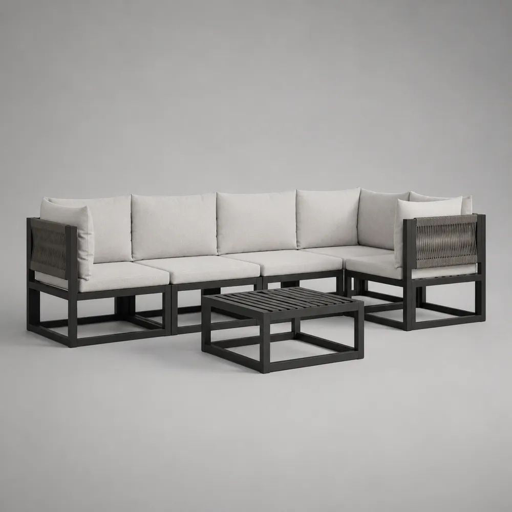 5-teiliges Gartenmöbel-Set aus Aluminium mit Polyesterkissen und Seilgeflecht, Anthrazit/Cremeweiß, Sofa 274 × 76 × 73 cm, Tisch 70 × 70 × 35 cm