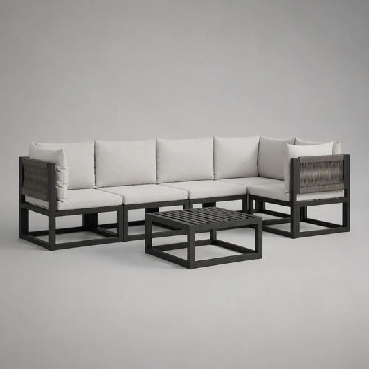5-teiliges Gartenmöbel-Set aus Aluminium mit Polyesterkissen und Seilgeflecht, Anthrazit/Cremeweiß, Sofa 274 × 76 × 73 cm, Tisch 70 × 70 × 35 cm