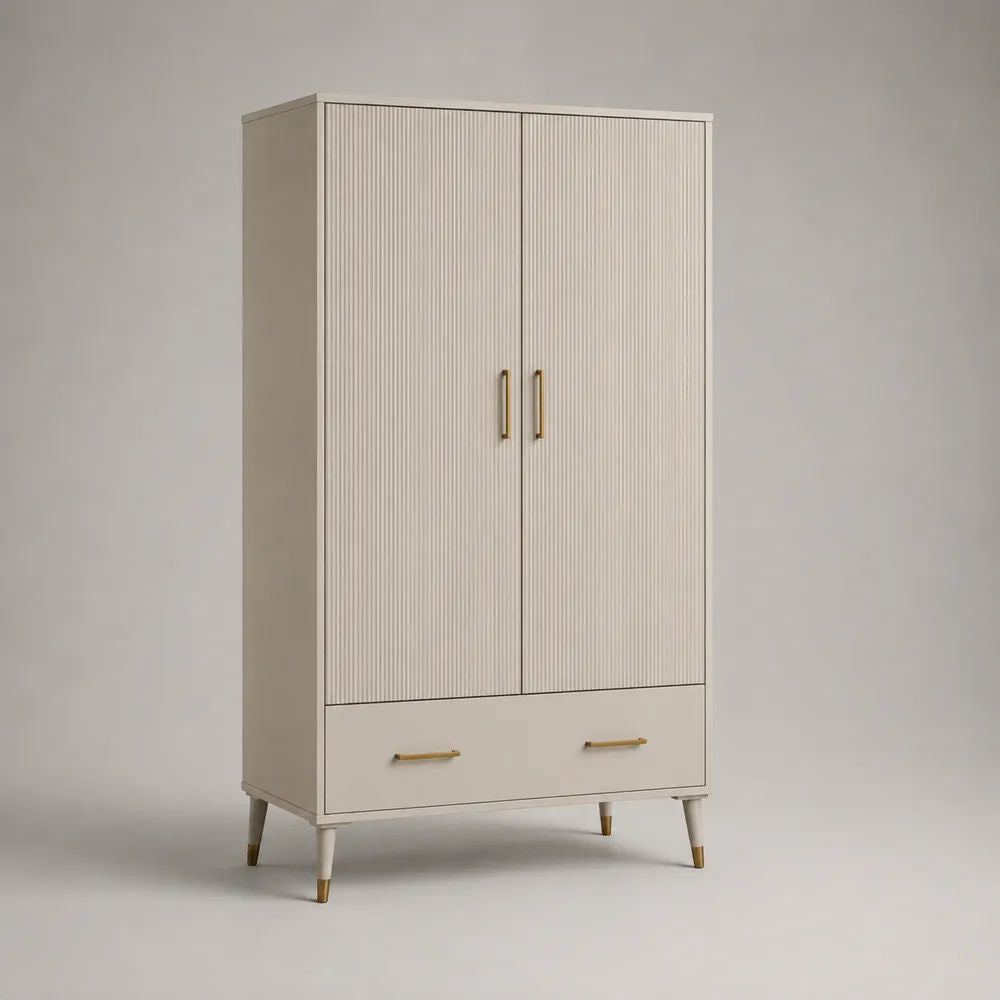 Buffetschrank aus MDF mit 2 Türen und 1 Schublade, Cremeweiß/Messingfarben, 100 × 45 × 180 cm