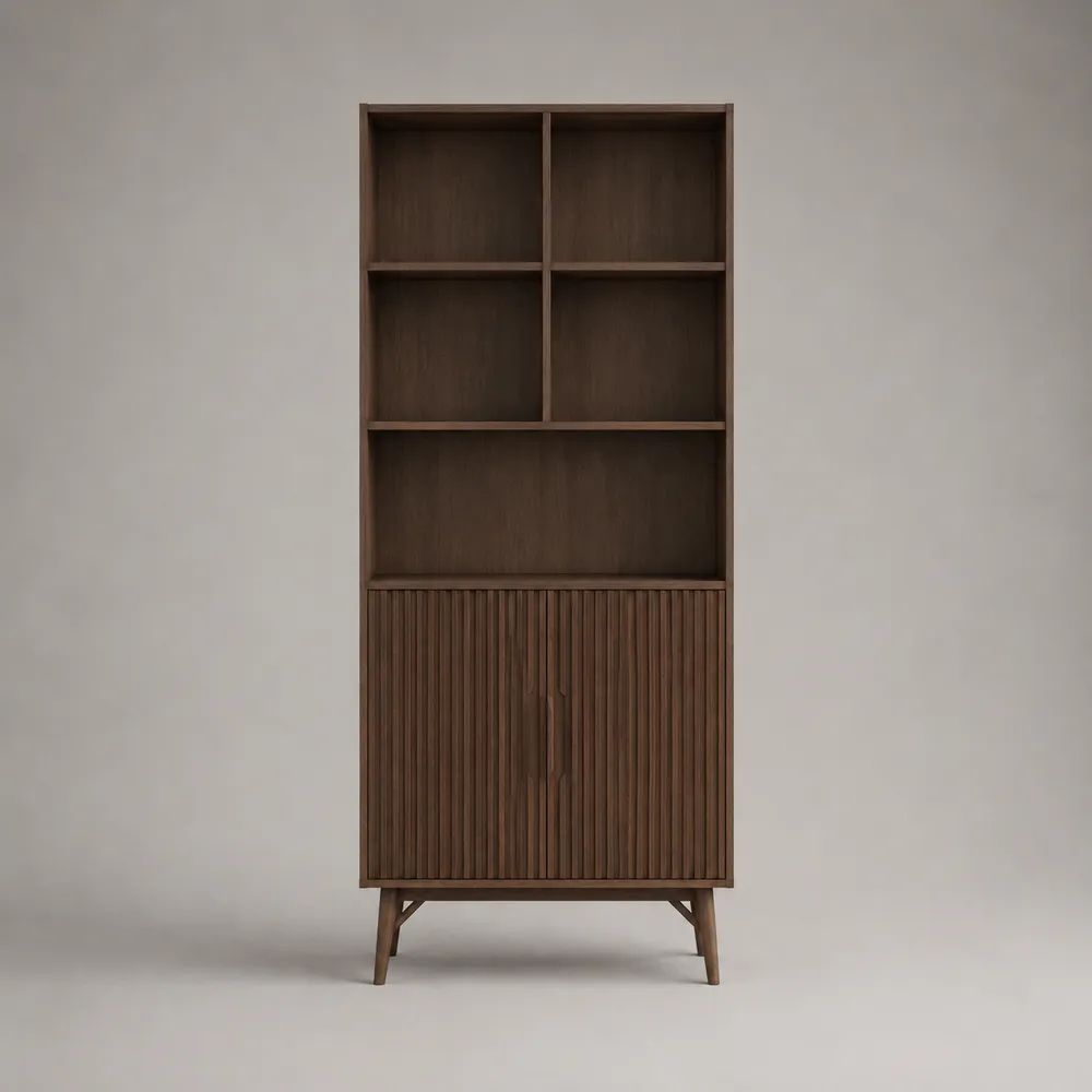 Highboard Buffetschrank aus MDF mit Walnussfurnier, 5 offene Fächer und 2 Türen, Walnussbraun, 90 × 40 × 200 cm
