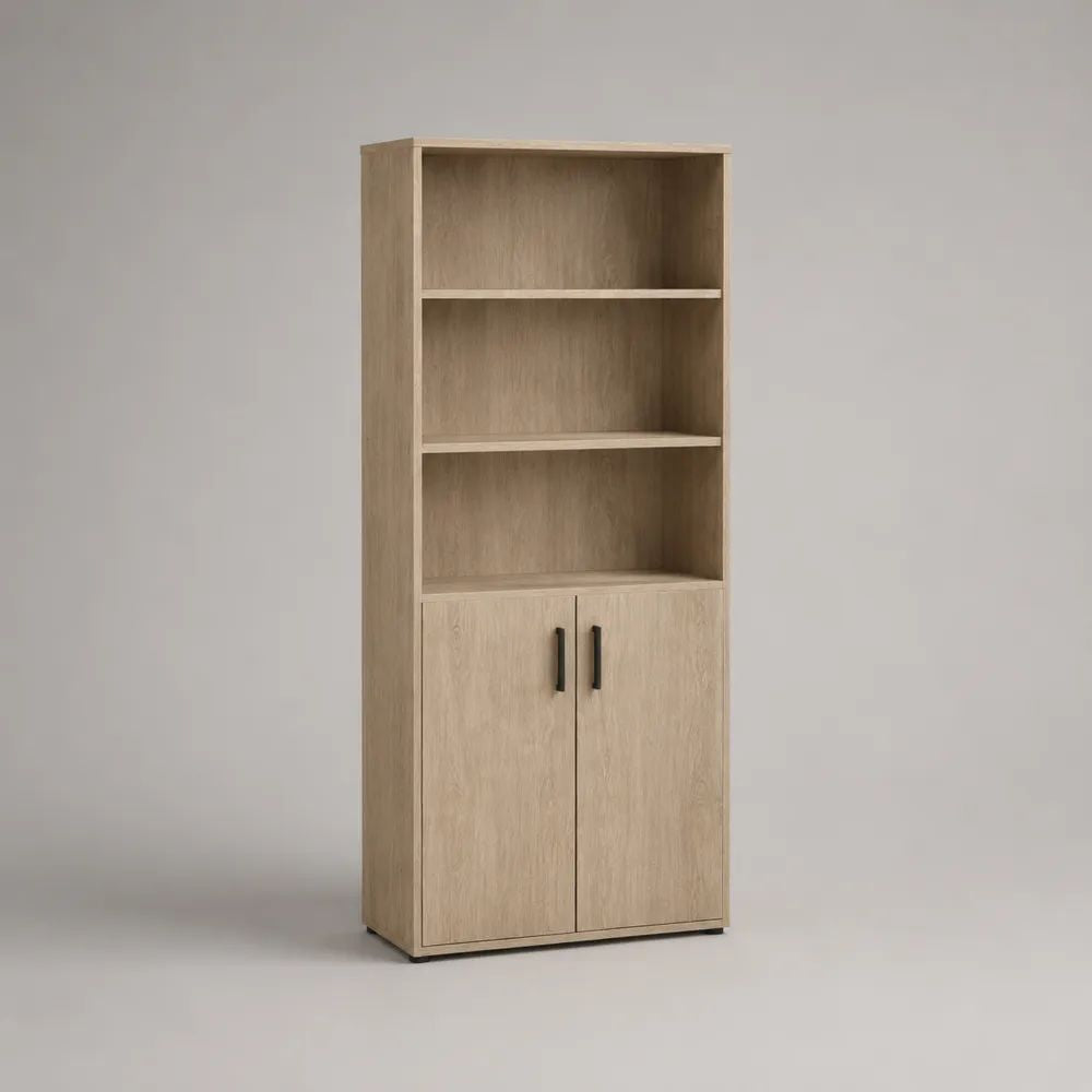 Hochschrank aus Holzspanplatte mit 2 Türen und 3 offenen Fächern, Eiche hell/Schwarz, 60 × 35 × 180 cm