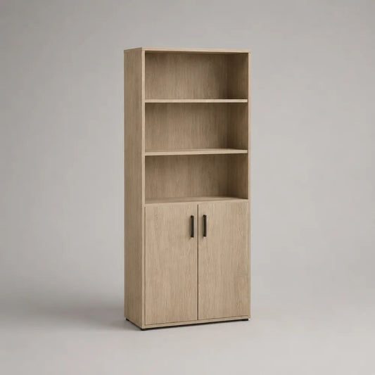 Hochschrank aus Holzspanplatte mit 2 Türen und 3 offenen Fächern, Eiche hell/Schwarz, 60 × 35 × 180 cm