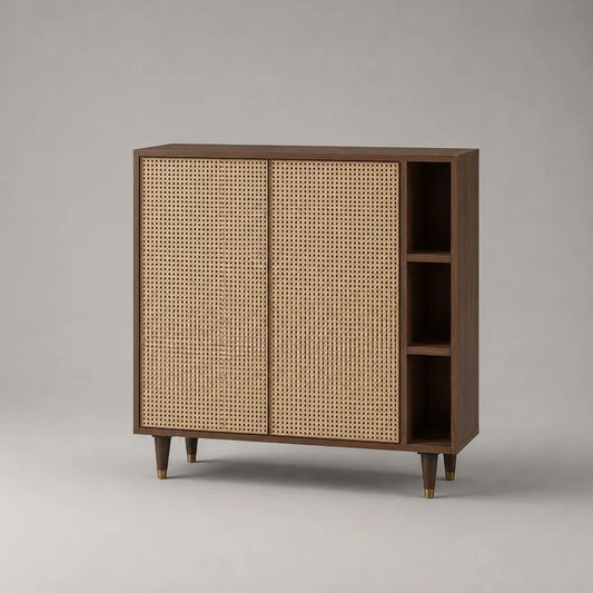 Highboard Sideboard mit 2 Rattantüren und 3 offenen Fächern, MDF mit Walnussfurnier, Braun/Natur/Messingfarben, 120 × 40 × 110 cm