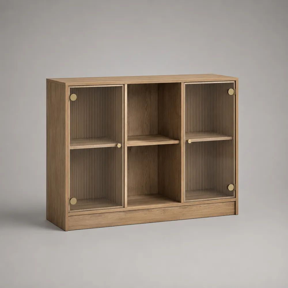 Sideboard aus MDF mit Eichenfurnier, 2 Riffelglastüren und 6 Fächern, Naturfarben/Rauchbraun/Messingfarben, 120 × 40 × 90 cm