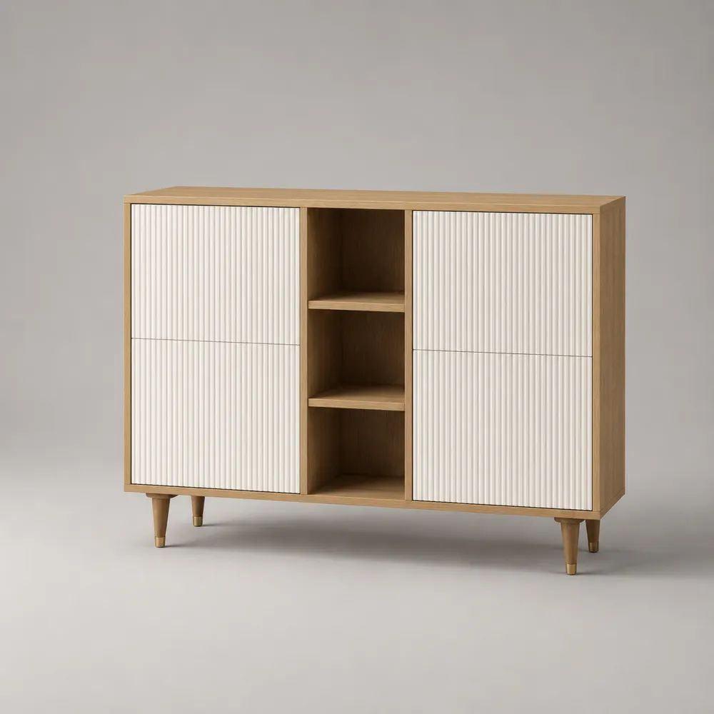 Sideboard mit 4 Türen und 3 offenen Fächern aus MDF und Spanplatte, Eiche/Weiß, 120 x 40 x 90 cm
