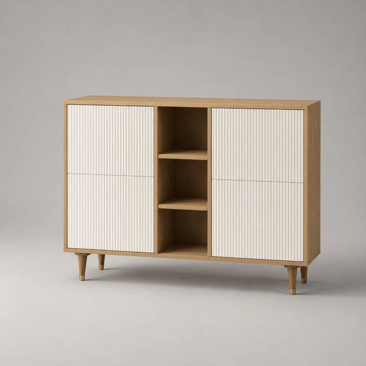 Sideboard mit 4 Türen und 3 offenen Fächern aus MDF und Spanplatte, Eiche/Weiß, 120 x 40 x 90 cm