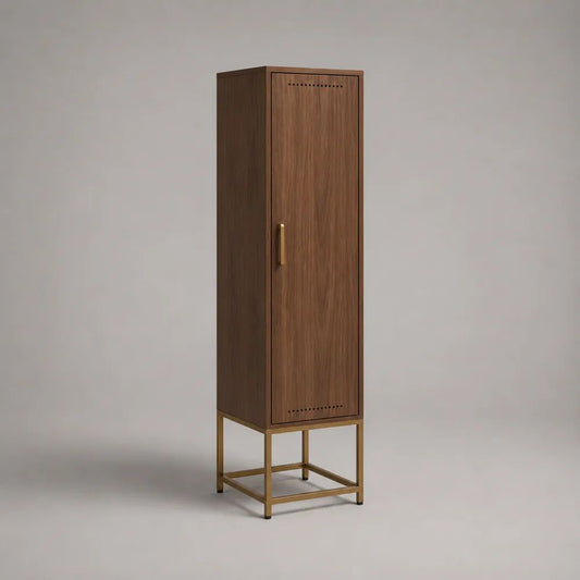 Hochschrank mit 1 Tür aus MDF mit Walnussfurnier und Stahl, Dunkelbraun/Messingfarben, 50 × 40 × 180 cm