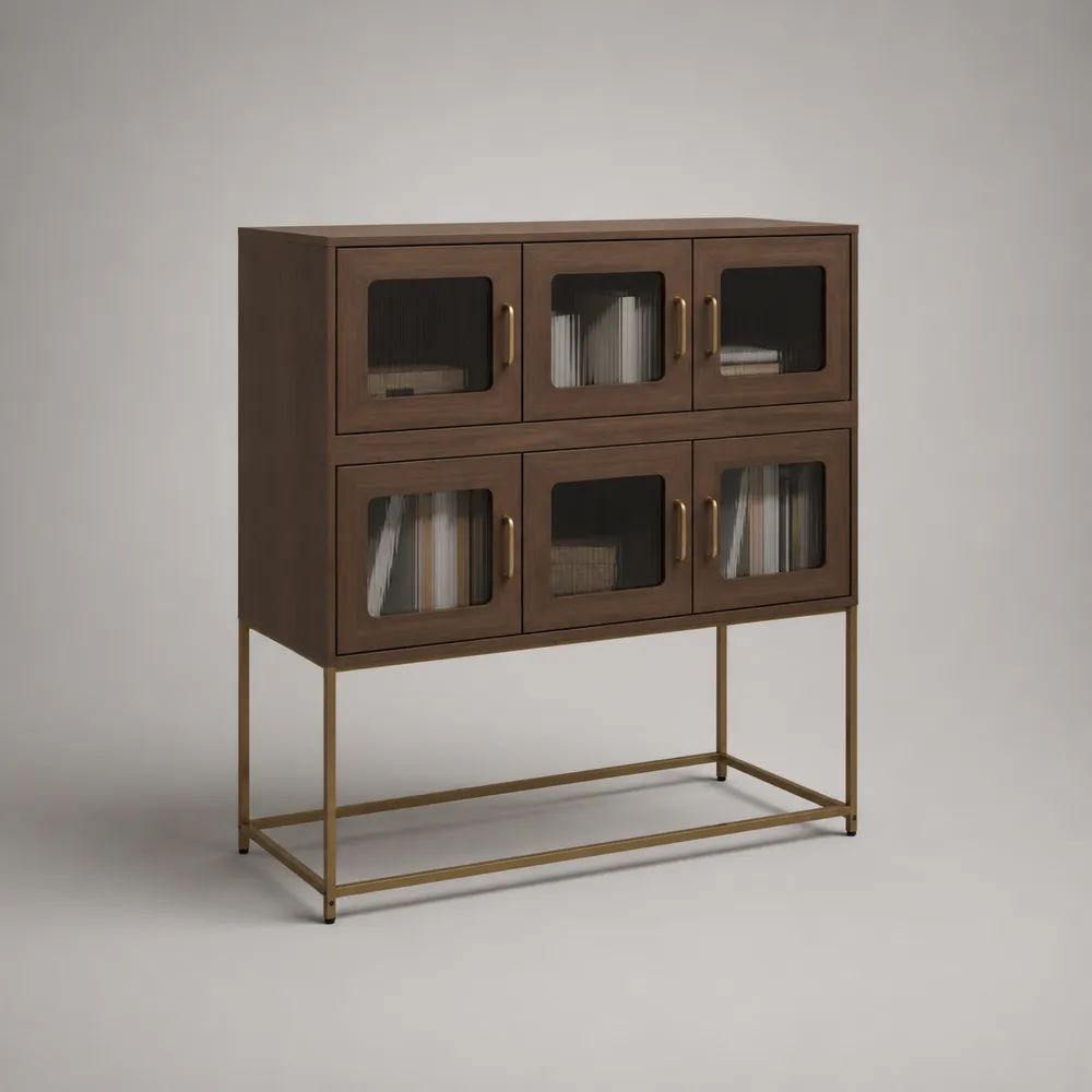 Highboard-Vitrinenschrank mit 6 Glastüren aus MDF und Stahl, Walnussbraun/Messingfarben/Rauchgrau, 120 × 40 × 135 cm