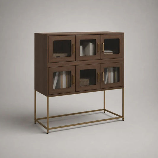 Highboard-Vitrinenschrank mit 6 Glastüren aus MDF und Stahl, Walnussbraun/Messingfarben/Rauchgrau, 120 × 40 × 135 cm